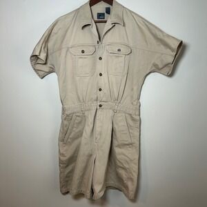 Vintage Liz Claiborne Khaki Utility Jumpsuit Romper Button Elastic Waist Sz 12